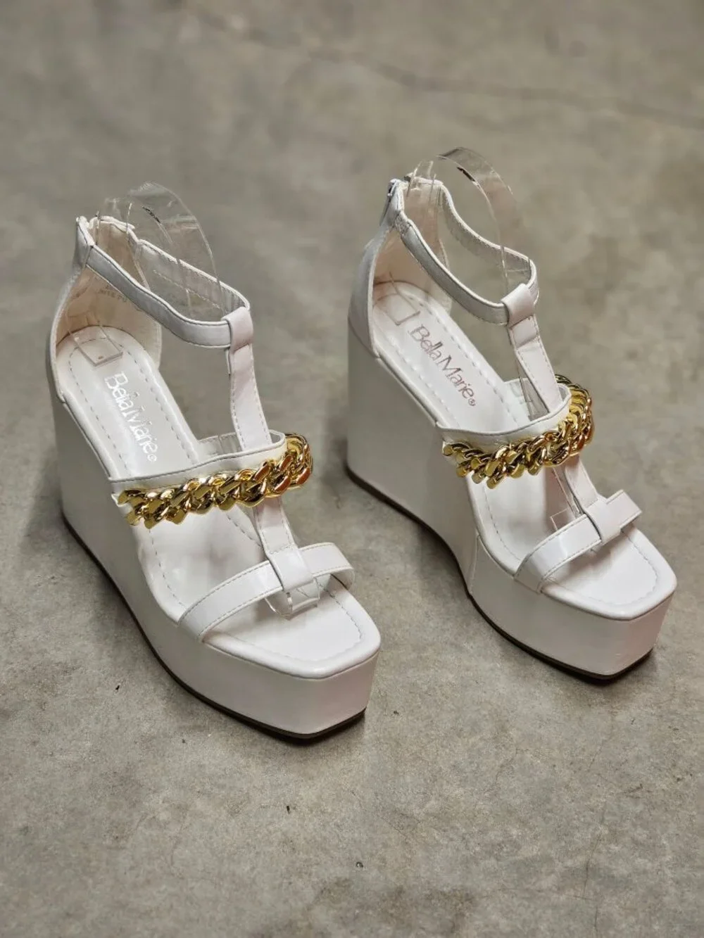 White Platform Wedge Sandals With Gold Chain Accent & Clear Straps By Bella Mari
